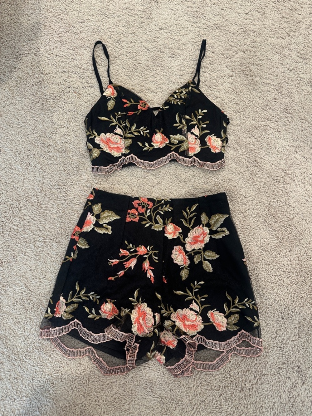 Floral Embroidered Black Bralette & Shorts Set